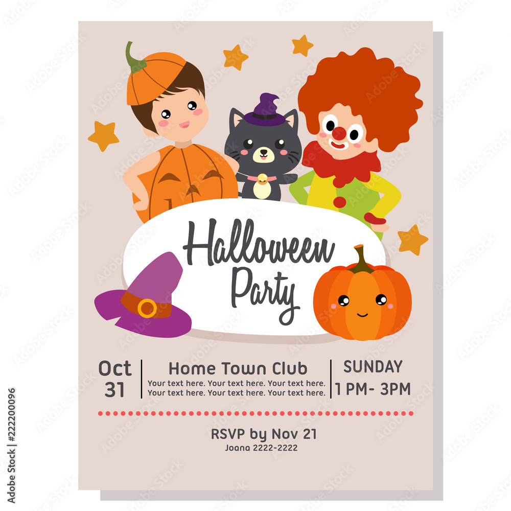 Fototapeta premium halloween party poster with clown and pumpkin costume kids