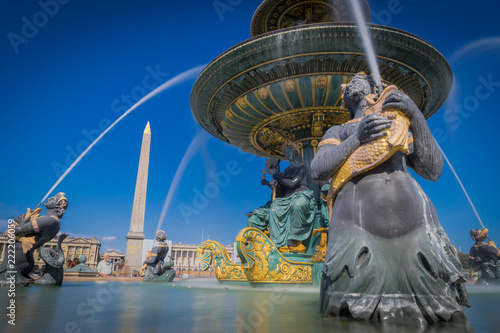 Paris, France - 08 18 2018: La Place de la Concorde - L'Obélisque de Louxor et la Fontaine des mers