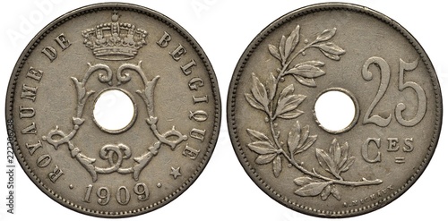 Belgium Belgian coin 25 twenty five centimes 1909, monogram of King Leopold II around center hole, crown above, date below, center hole divides laurel sprig and value, photo