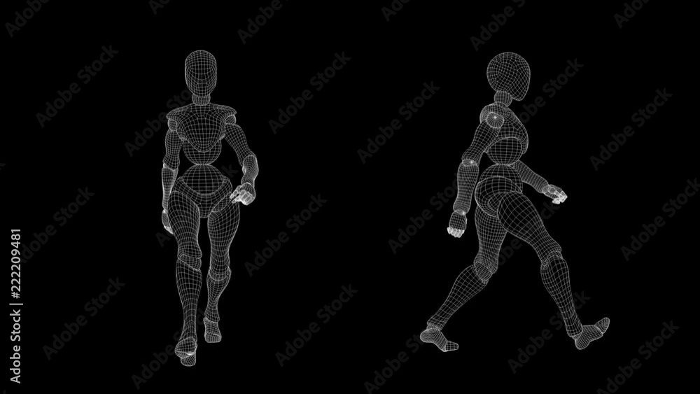 Wireframe: quarter-speed slow motion, dual view of female android - confident walk. Works as its own transparency mask. Seamless loop. Wireframe: quarter-speed slow motion, dual view of female android - confident walk. Works as its own transparency mask. Seamless loop.