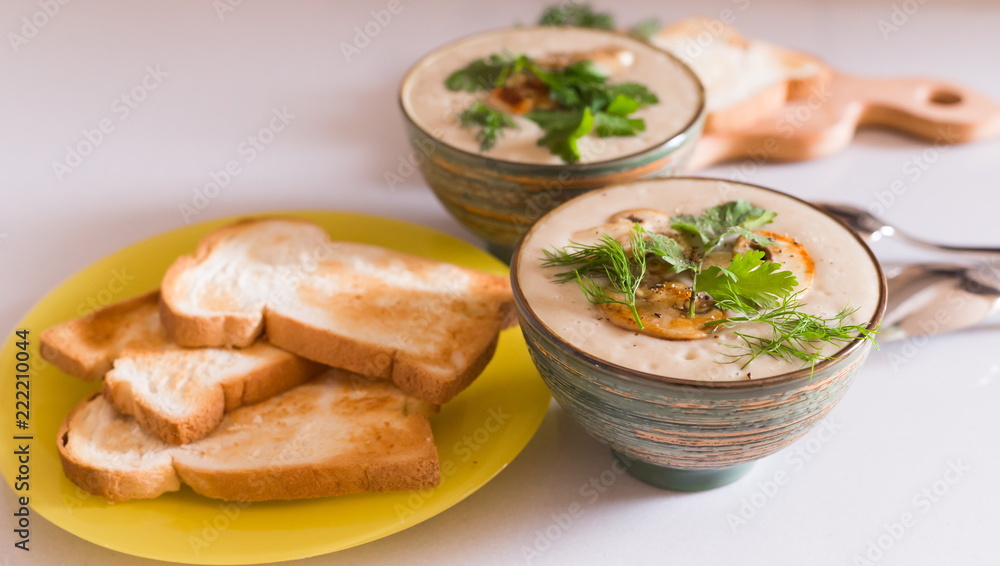 Food. Cream soup with сhampignon, greens, toasts Food. Cream soup with сhampignon, greens, toasts