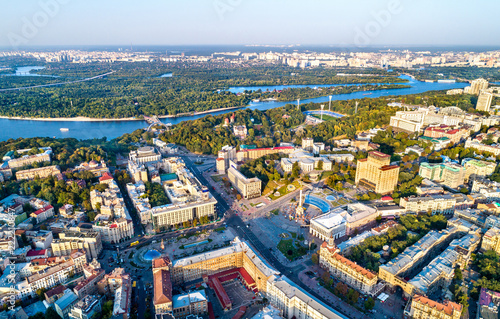 Aerial view of Independence Square - Maidan Nezalezhnosti and other landmarks in Kiev, Ukraine