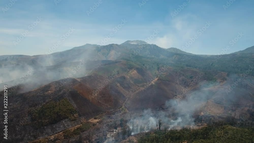 Aerial view forest fire on the slopes of hills and mountains. Forest and tropical jungle deforestation for human food farming and export. large flames from forest fire. Using fire to destroy natural Aerial view forest fire on the slopes of hills and mountains. Forest and tropical jungle deforestation for human food farming and export. large flames from forest fire. Using fire to destroy natural