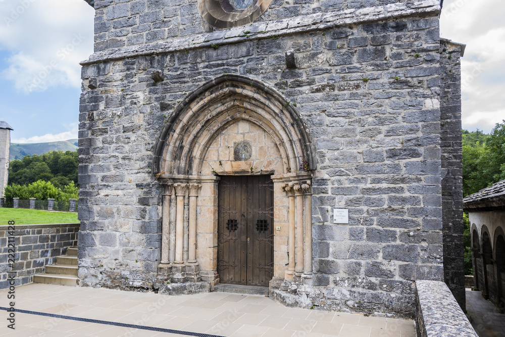 Entrance of the church of Santiago in Roncesvalles. Navarre Spain