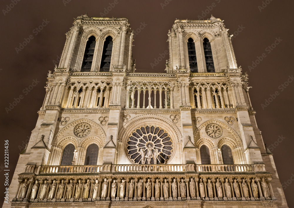 Notre Dame Cathedral at night in Paris, France