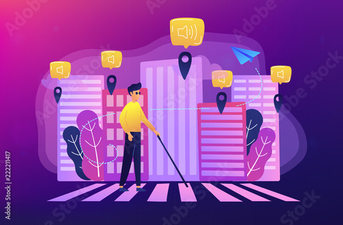 A blind man crossing the street with smart tags and voice notifications around. Barrier-free convenient environment as IoT and smart city concept, violet palette. Vector illustration on background.