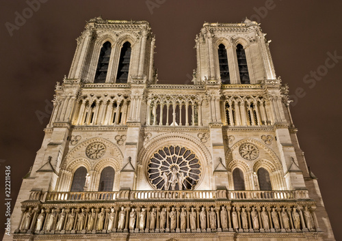 Notre Dame Cathedral at night in Paris, France