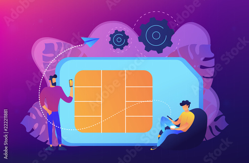 Mobile sim phone card and users with smartphones. Mobile phone network, smartphone plastic card and microchip, wireless cellphone communication concept, violet palette. Vector isolated illustration.