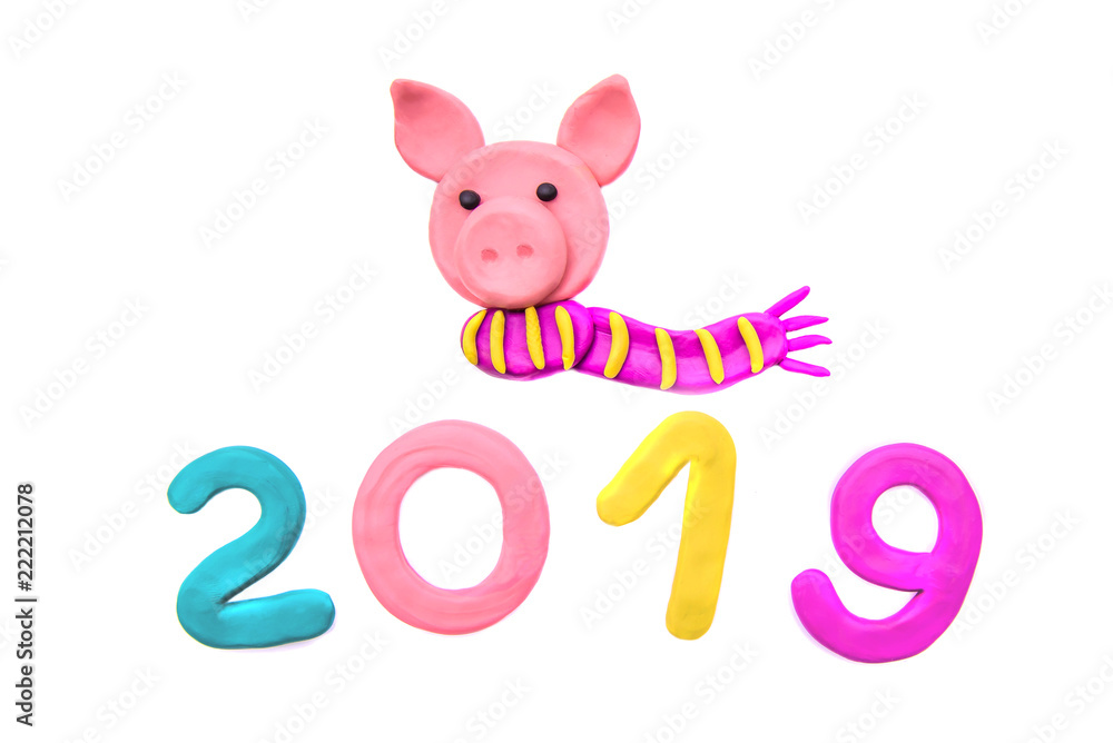 New year plasticine number 2019 with the symbol of the year - pig New year plasticine number 2019 with the symbol of the year - pig