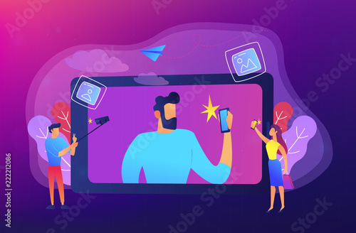 People taking selfie with smartphones and selfie-sticks as a concept of selfie culture, social network, blog, vlog, self-portrait, popularity. Violet palette. Vector illustration on background.