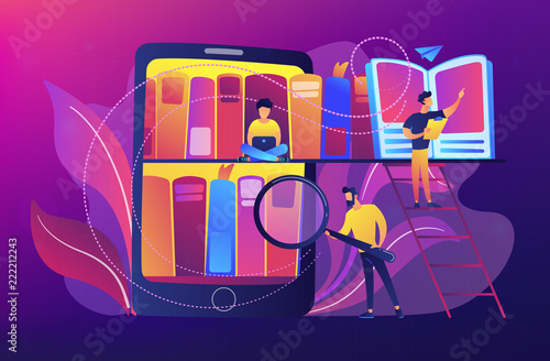 Tablet with bookshelves and students searching and reading information. Digital learning, online database, content storing and searching, ebooks concept, violet palette. Vector illustration.