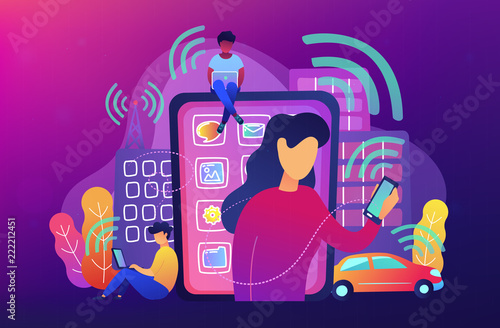 People using different electronic devices such as smartphone, laptop, tablet. Radio fields, electromagnetic pollution, radiation concept, violet palette. Vector illustration on violet background.