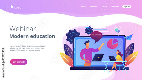Student with laptop and lector at the LCD screen. Webinar and modern education landing page. Web seminars, webcasts and peer-level web meetings, violet palette. Website landing web page.
