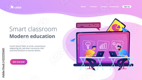 Students with laptops sitting behind interactive board with data. Digital, mobile, e-learning, flipped class, smart classroom. Modern education and virtual learning. Website landing web page template.
