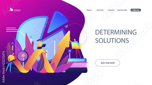 People recording analytics data of the IT project identifying business needs and determining solutions to business problems. Business analysis IT concept. Website landing web page template.