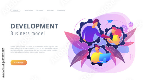 IT team members working as one mechanizm. Dedicated team - software development professionals engaged to the IT project. Business model in IT concept. Violet palette. Website landing web page template