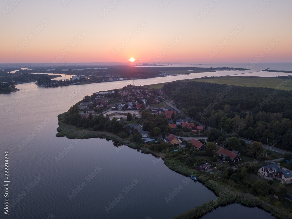 Beautiful sunset over estuary of Vistula river in Gdansk