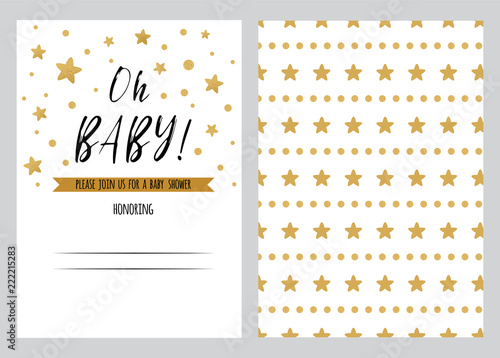 Baby shower invitation template Oh Baby backgtround with gold golden stars design, vector set twinkle