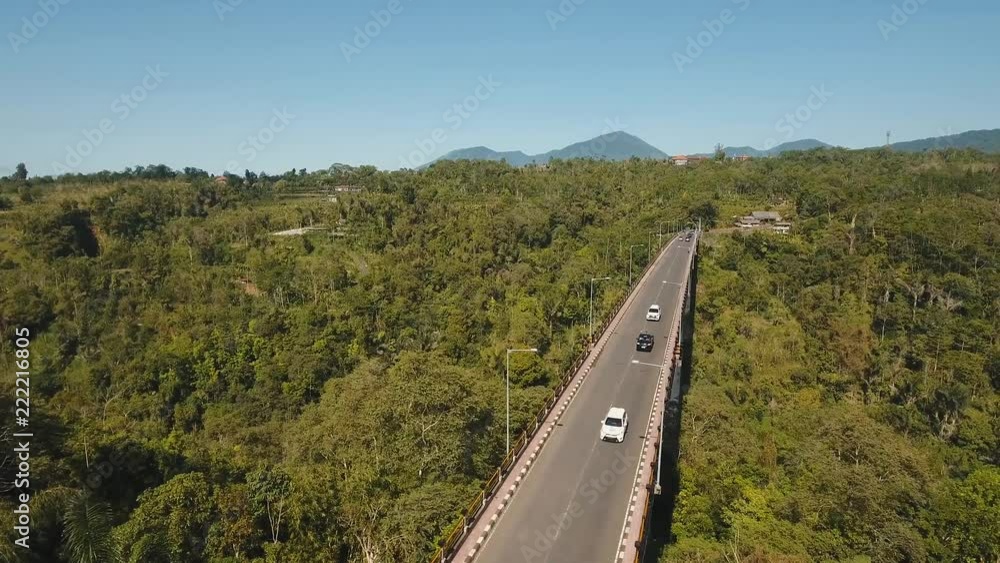 Bridge with car road over mountain canyon, mountains, rainforest. Aerial view of bridge in a mountain gorge above a green jungle among the mountains. Bali, Indonesia. 4K video. Aerial footage. Bridge with car road over mountain canyon, mountains, rainforest. Aerial view of bridge in a mountain gorge above a green jungle among the mountains. Bali, Indonesia. 4K video. Aerial footage.