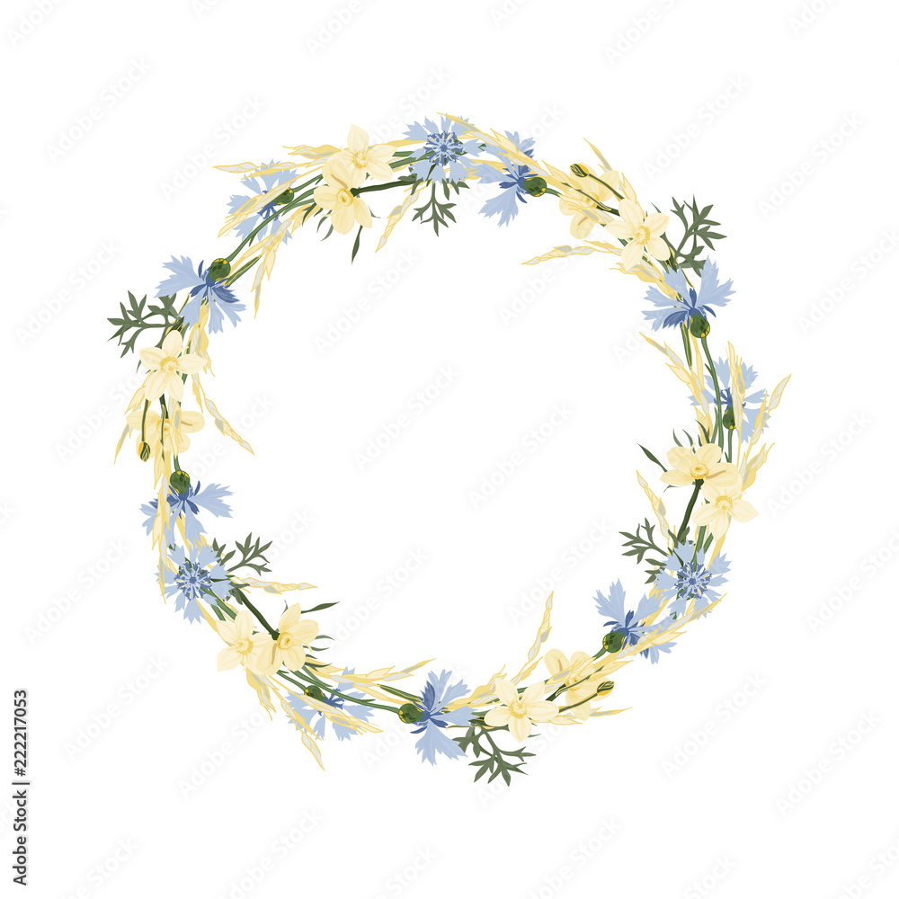 Obraz premium Round frame of spikelets and cornflowers, vector illustration with space for text.