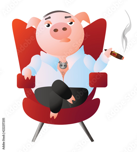 A pig-boss is sitting in a red armchair and smokes a cigar. Vector illustration. Isolated on transparent background. Excellent for the design of postcards, posters, stickers and so on.