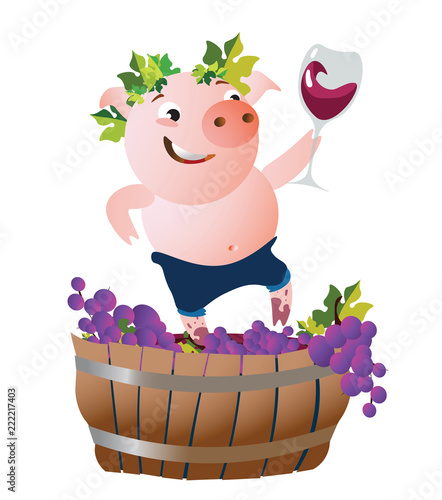 The happy pig winemaker presses down the grapes and drinks wine. Vector illustration.  Isolated on transparent background.  Excellent for the design of postcards, posters, stickers and so on.