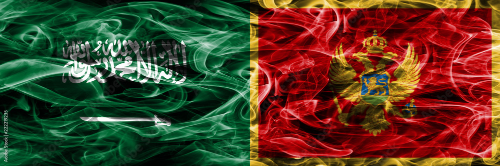 Saudi Arabia vs Montenegro smoke flags placed side by side. Thick colored silky smoke flags of Saudi Arabia and Montenegro.