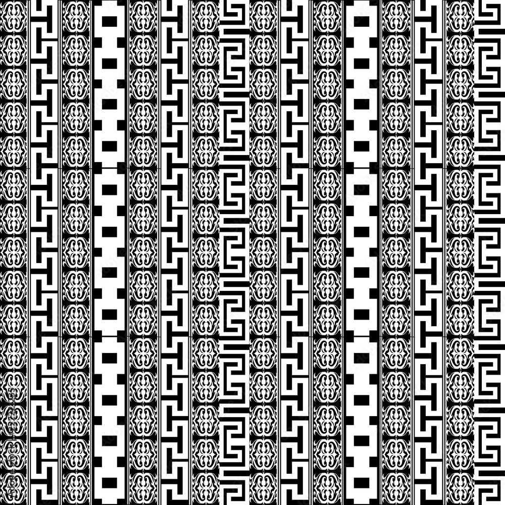 Black and white vector greek borders seamless pattern. Moonochrome abstract ornamental background. Geometric shapes, vertical greek key, meander borders, stripes, flowers. Baroque style ornaments.