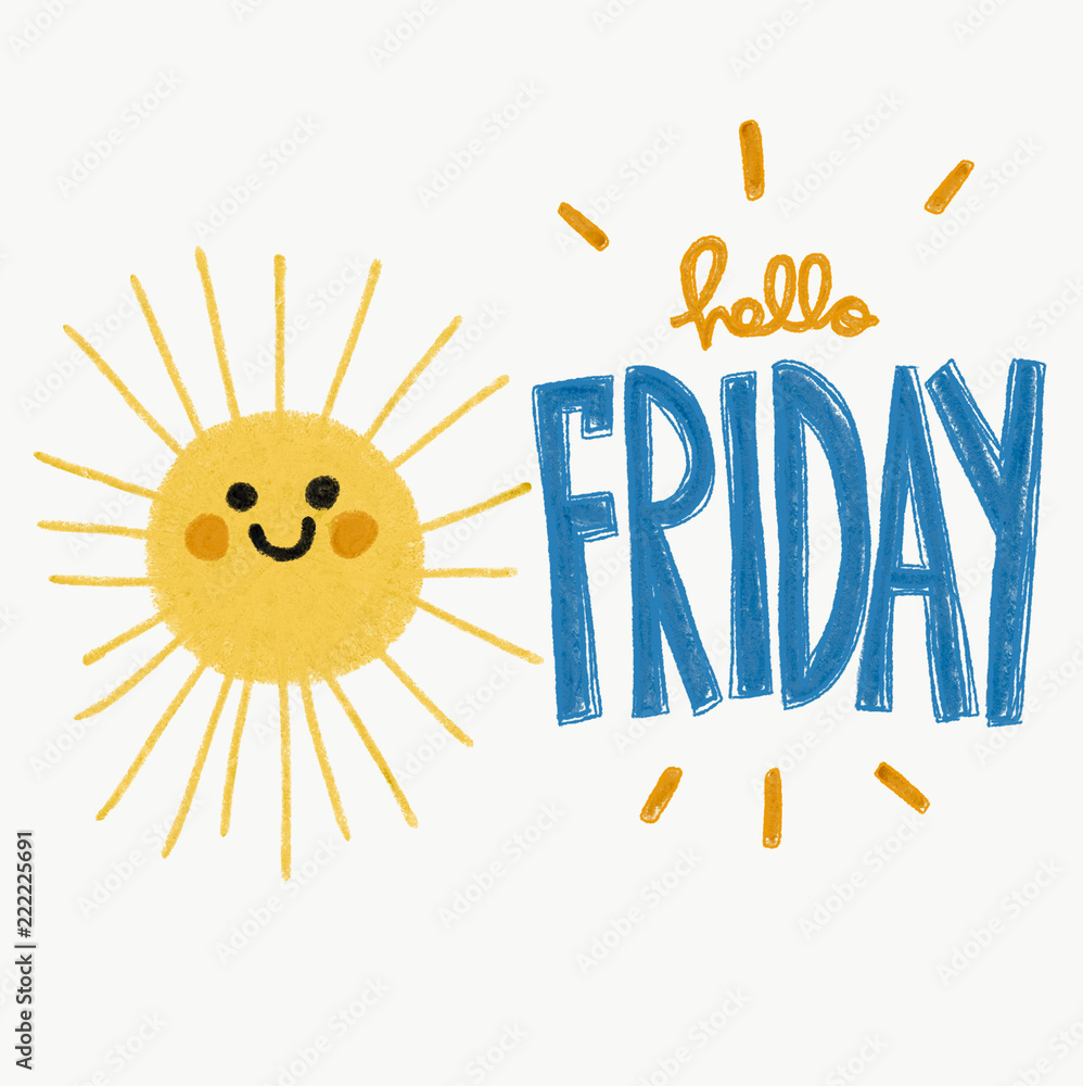 Hello Friday word and cute smile sun pencil color painting illustration ...