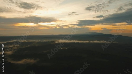 Wallpaper Mural Aerial view of forest, mountains with fog, clouds at sunset on Bali,Indonesia. Tropical rainforest, trees, jungle in mountains. Fog over the jungle. Travel concept. Aerial footage. Torontodigital.ca