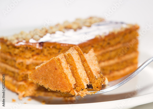 honey cake with a broken piece is on the fork