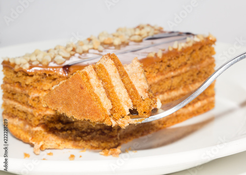 honey cake with a broken piece is on the fork