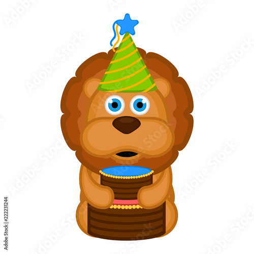 Fototapeta Naklejka Na Ścianę i Meble -  Cute lion witha party hat and a cake