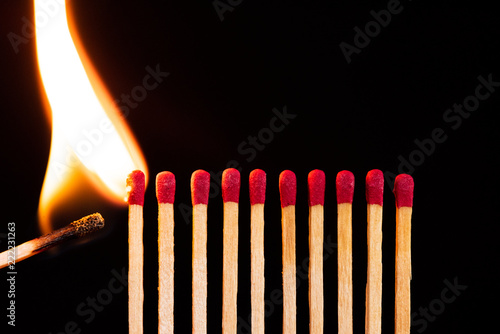 Lit match next to a row of unlit matches. The Passion of One Ignites New Ideas, Change in Others. photo