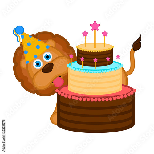 Fototapeta Naklejka Na Ścianę i Meble -  Cute lion with a party hat and a cake