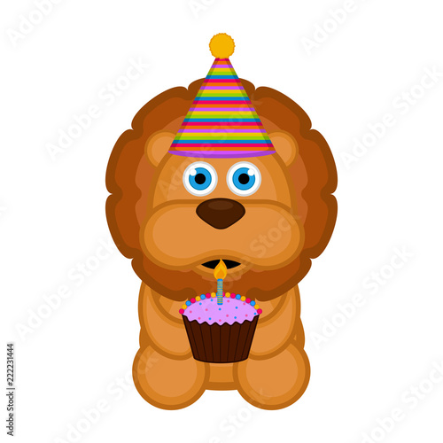 Fototapeta Naklejka Na Ścianę i Meble -  Cute lion with a party hat and a cake