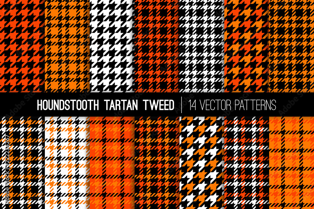Vecteur Stock Orange, Black and White Houndstooth Tartan Tweed Vector  Patterns. Halloween Backgrounds. High Fashion Textile Prints. Set of  Dogs-tooth Check Fabric Textures. Pattern Tile Swatches Included | Adobe  Stock