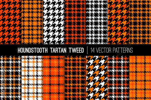 Orange, Black and White Houndstooth Tartan Tweed Vector Patterns. Halloween Backgrounds. High Fashion Textile Prints. Set of Dogs-tooth Check Fabric Textures. Pattern Tile Swatches Included