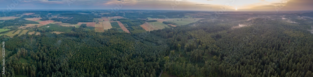 Fototapeta premium Aerial: Summer sunset over foggy forest