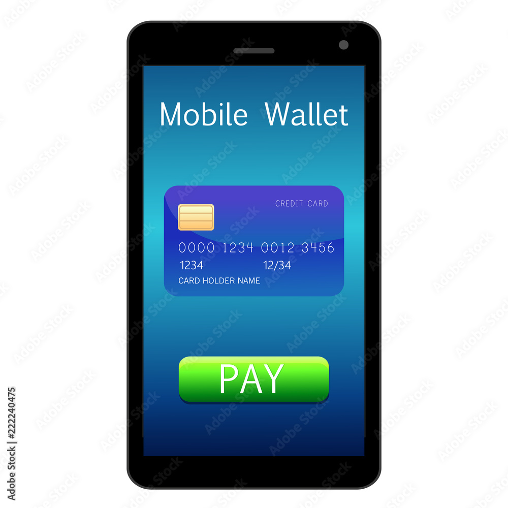 Mobile wallet, credit card icon and pay button vector illustration Mobile wallet, credit card icon and pay button vector illustration