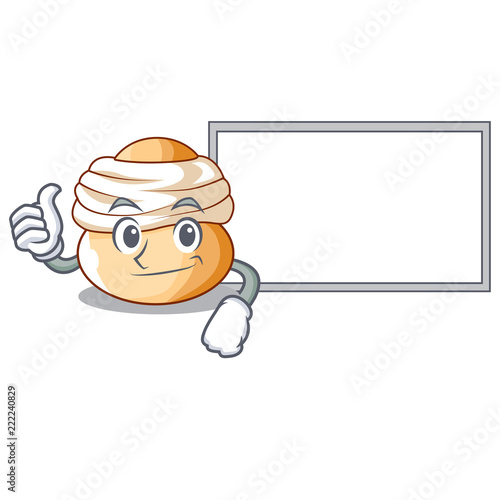 Thumbs up with board cartoon semla bun with almond paste