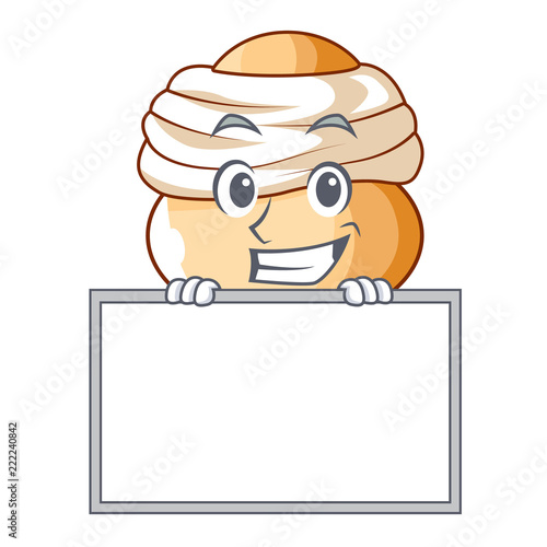 Grinning with board cartoon semla bun with almond paste