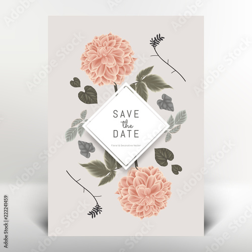 Fototapeta Naklejka Na Ścianę i Meble -  Botanical greeting/invitation card template design, orange dahlia flowers and leaves, vintage style