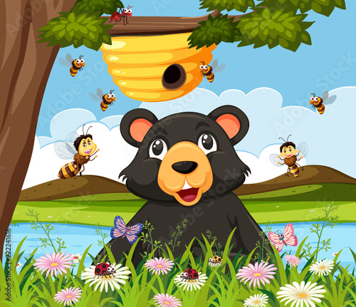 A bear looking at beehive