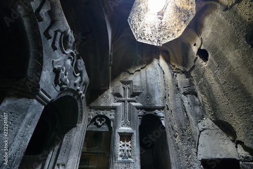 Geghard monastery near Yerevan  is a medieval monastery in the Kotayk province of Armenia, being partially carved out of the adjacent mountain.