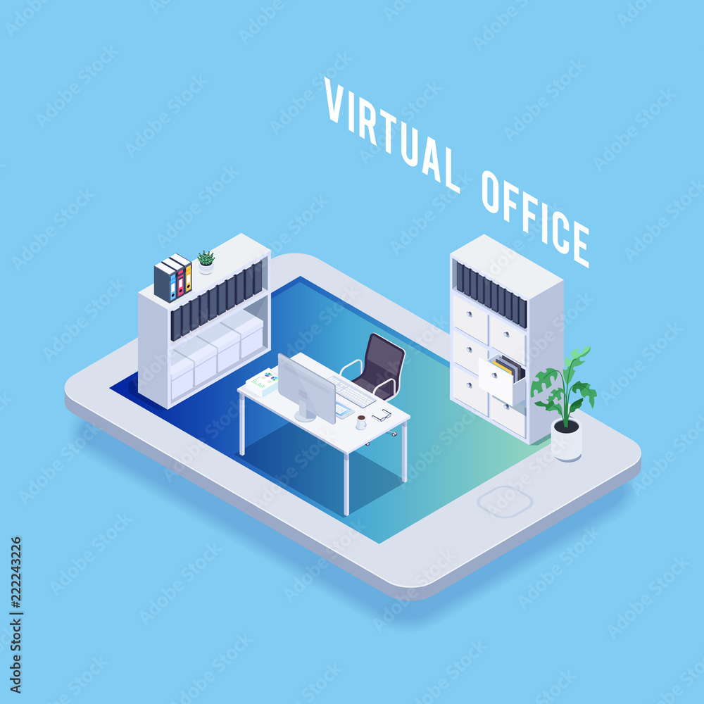 Isometric concept of virtual office.