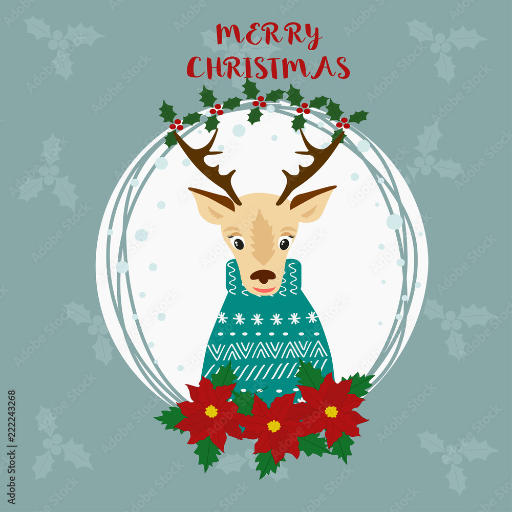 Merry Christmas greeting card whith cute deer. Hand drawn vector illustration.