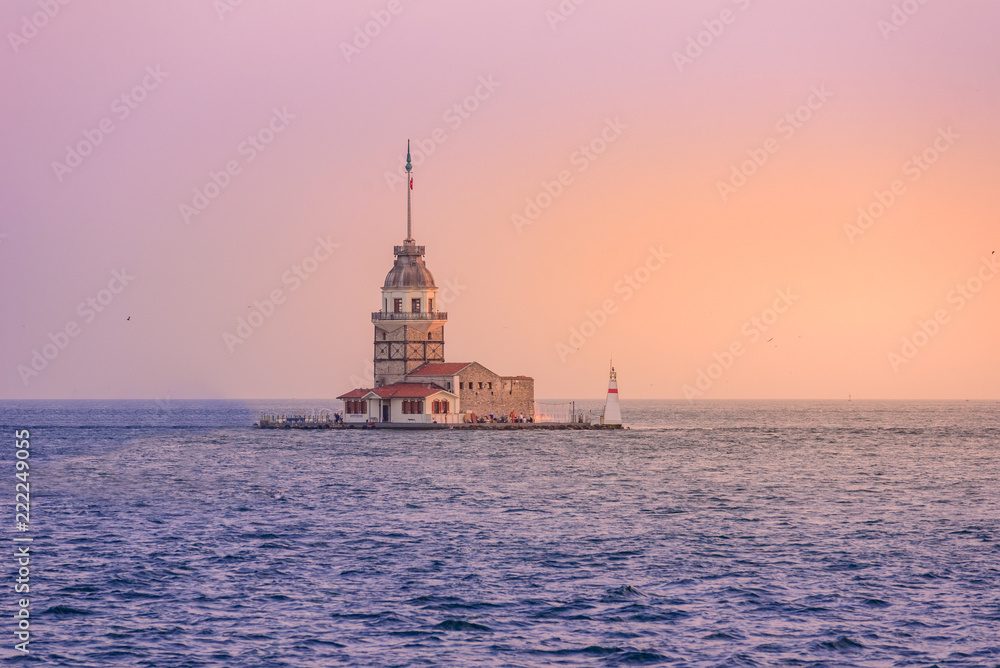 Maiden's Tower (also known as Leander's Tower or Kiz Kulesi) on the Bosphorus in Istanbul at sunset , Turkey