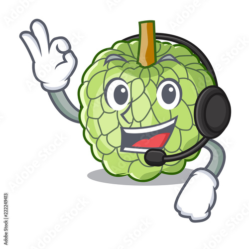 With headphone ripe sugar apple fruit on mascot