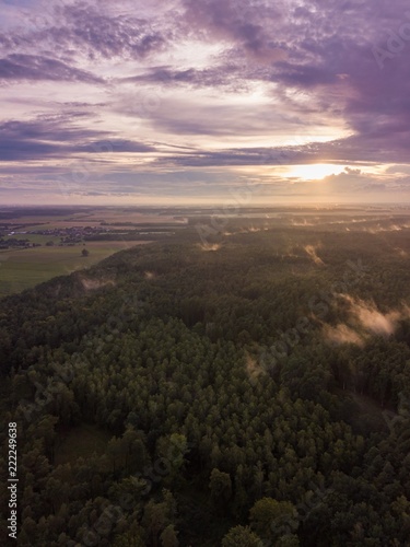 Beautfiful summer sunset over foggy european forest